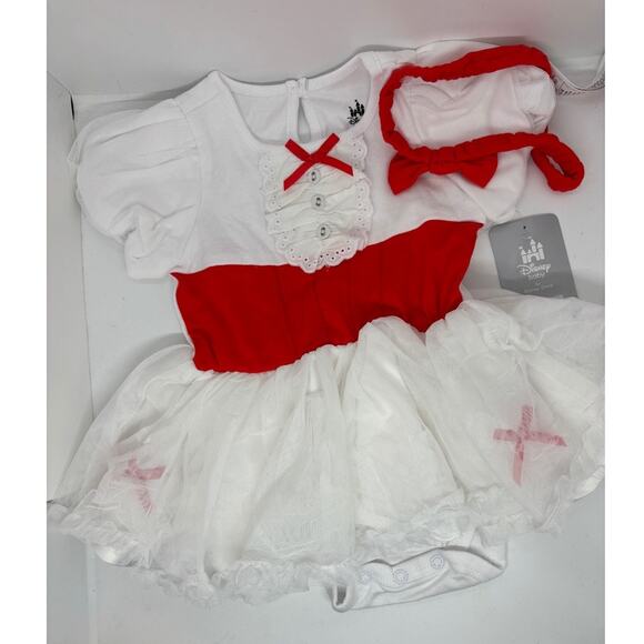 NWT DISNEY Baby Dress Romper Diaper Cover Includes Headband 12-18 M White Red - Picture 1 of 8